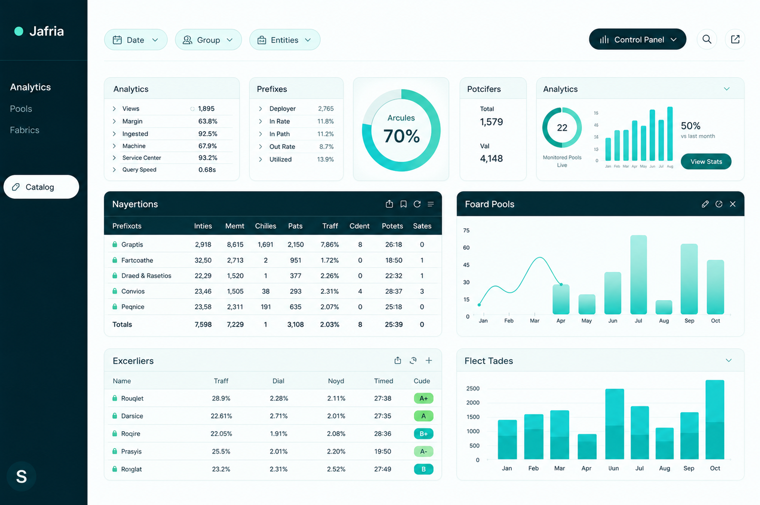 Abstract business management dashboard with tables and analytics