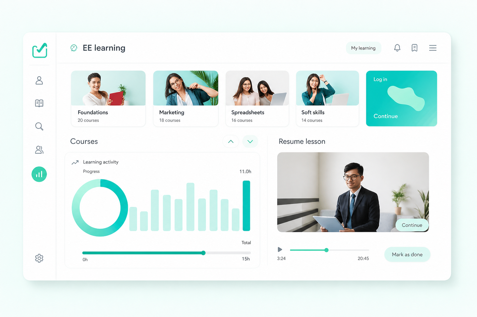 Abstract e-learning dashboard with course cards and progress indicators